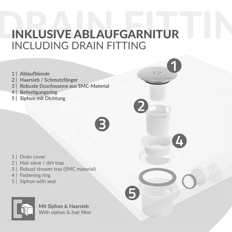 LuxeBath | Duschwanne mit Ablaufgarnitur 90x90 cm aus SMC Weiß Duschtasse Brausewanne eckig Komplett Set mit Siphon für Duschkabine