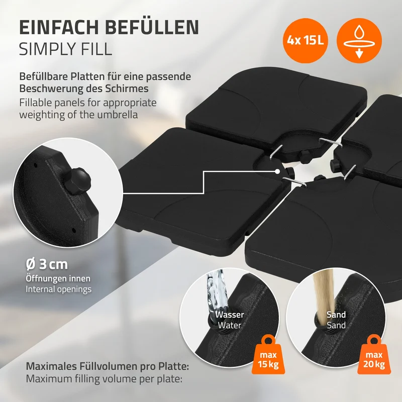 ML-Design | Sonnenschirmständer 4-teilig, befüllbar mit 60 Liter Wasser/80kg Sand, Schirmgewicht, Gewichtsplatten für Ampelschirmständer