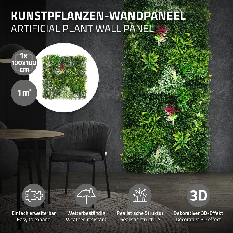 ECD Germany | Kunstpflanzen Wandpaneel UV-beständig 100x100 cm, Grün, Künstliche Pflanzenwand Outdoor, Wandgarten, Blumenwand für Wand Balkon Garten