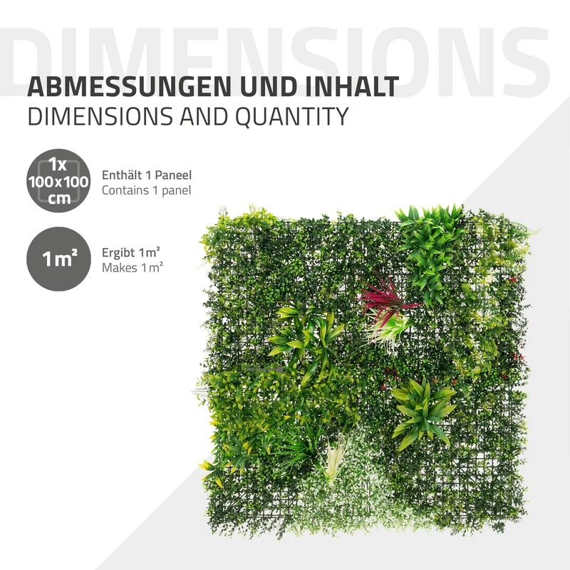 ECD Germany | Kunstpflanzen Wandpaneel UV-beständig 100x100 cm, Grün, Künstliche Pflanzenwand Outdoor, Wandgarten, Blumenwand für Wand Balkon Garten