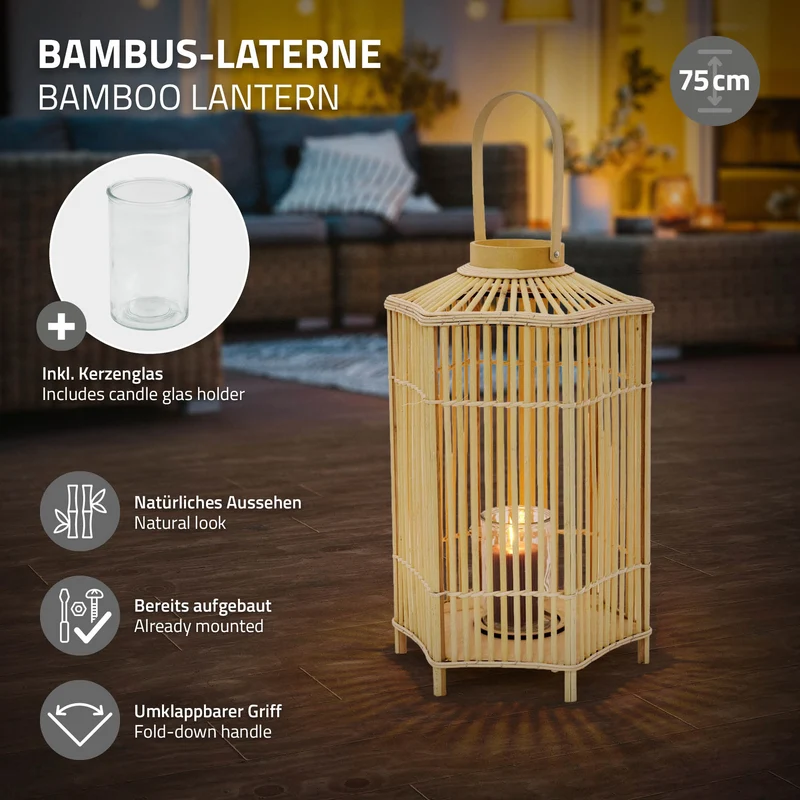 ECD Germany | Bambus Laterne sechseck Windlicht mit Henkel & Glaseinsatz, Natur/Grau, Boho Gartenlaterne, Flechtoptik Kerzenhalter