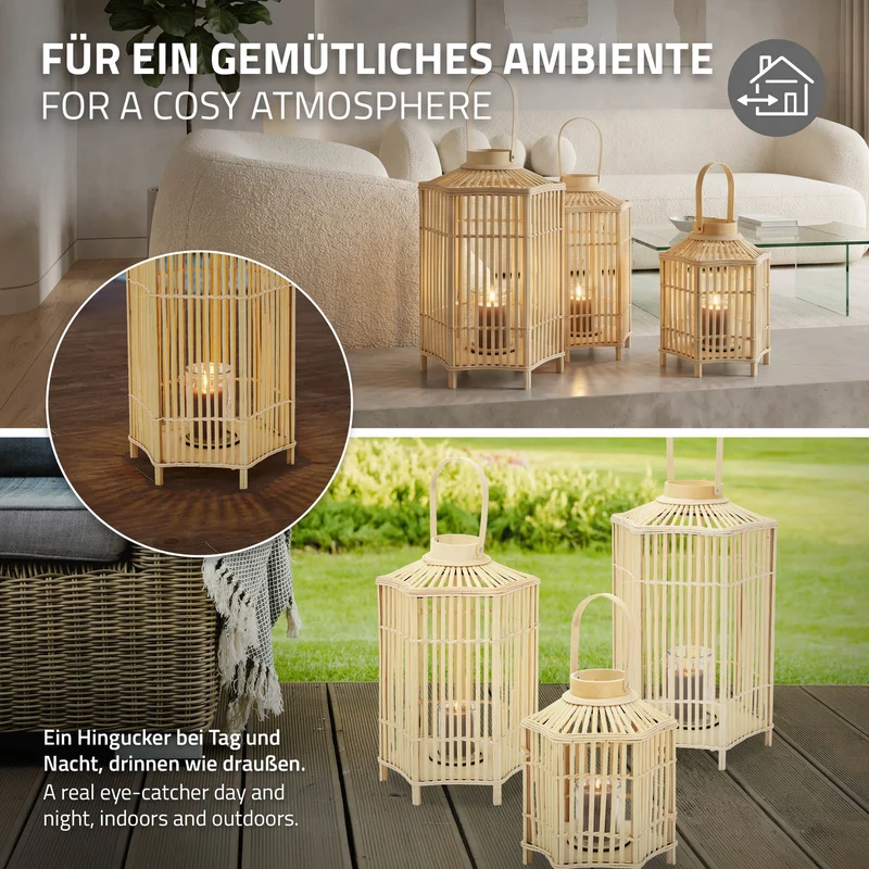 ECD Germany | Bambus Laterne sechseck Windlicht mit Henkel & Glaseinsatz, Natur/Grau, Boho Gartenlaterne, Flechtoptik Kerzenhalter