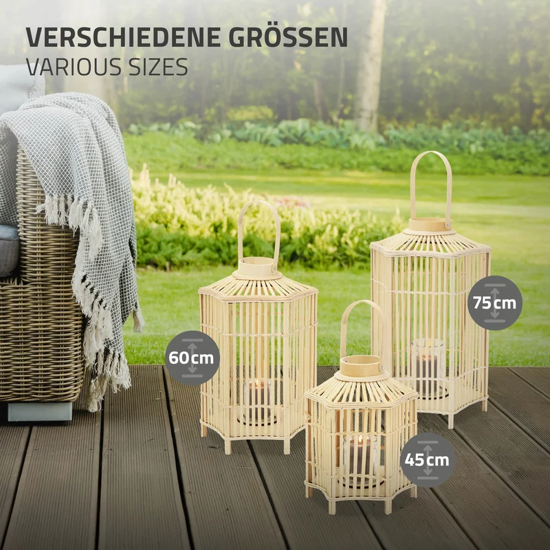 ECD Germany | Bambus Laterne sechseck Windlicht mit Henkel & Glaseinsatz, Natur/Grau, Boho Gartenlaterne, Flechtoptik Kerzenhalter