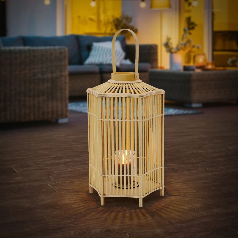 ECD Germany | Bambus Laterne sechseck Windlicht mit Henkel & Glaseinsatz, Natur/Grau, Boho Gartenlaterne, Flechtoptik Kerzenhalter