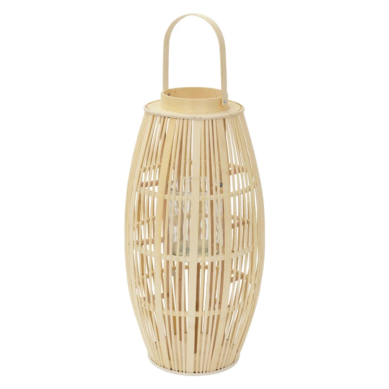 ECD Germany | Bambus Laterne oval Windlicht mit Henkel & Glaseinsatz, Natur/Grau, Boho Gartenlaterne, Flechtoptik Kerzenhalter