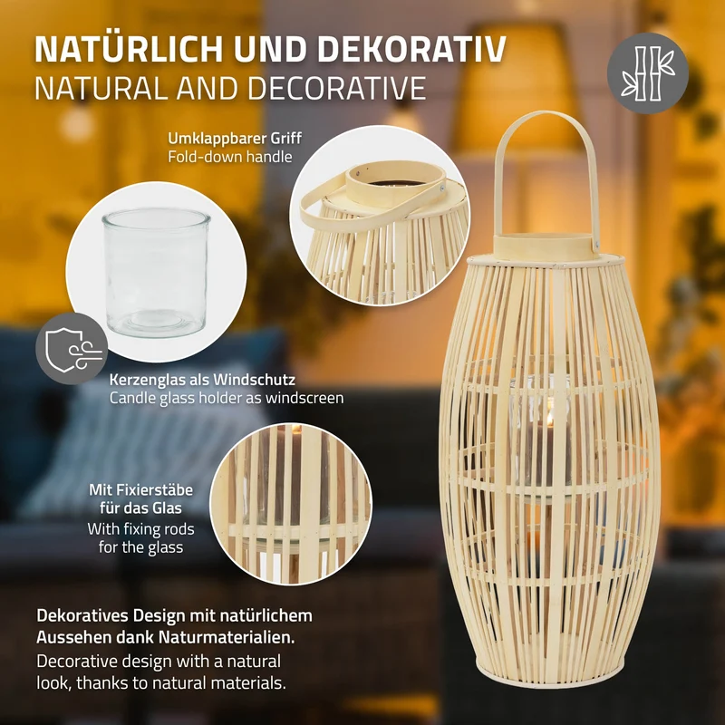 ECD Germany | Bambus Laterne oval Windlicht mit Henkel & Glaseinsatz, Natur/Grau, Boho Gartenlaterne, Flechtoptik Kerzenhalter