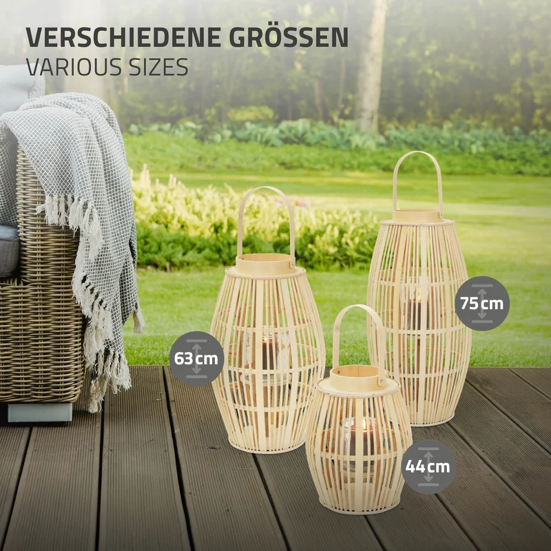 ECD Germany | Bambus Laterne oval Windlicht mit Henkel & Glaseinsatz, Natur/Grau, Boho Gartenlaterne, Flechtoptik Kerzenhalter