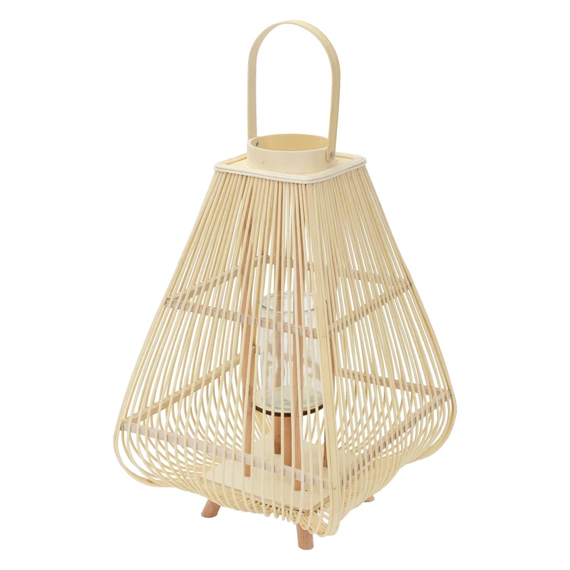 ECD Germany | Bambus Laterne viereck Windlicht mit Henkel & Glaseinsatz, Natur/Grau, Boho Gartenlaterne, Flechtoptik Kerzenhalter