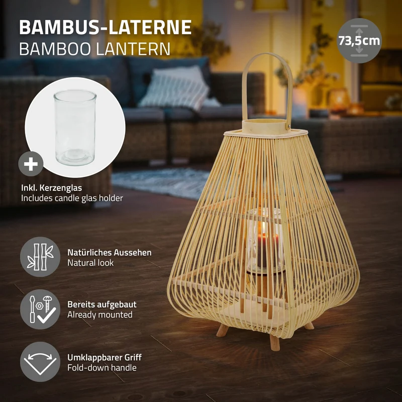 ECD Germany | Bambus Laterne viereck Windlicht mit Henkel & Glaseinsatz, Natur/Grau, Boho Gartenlaterne, Flechtoptik Kerzenhalter