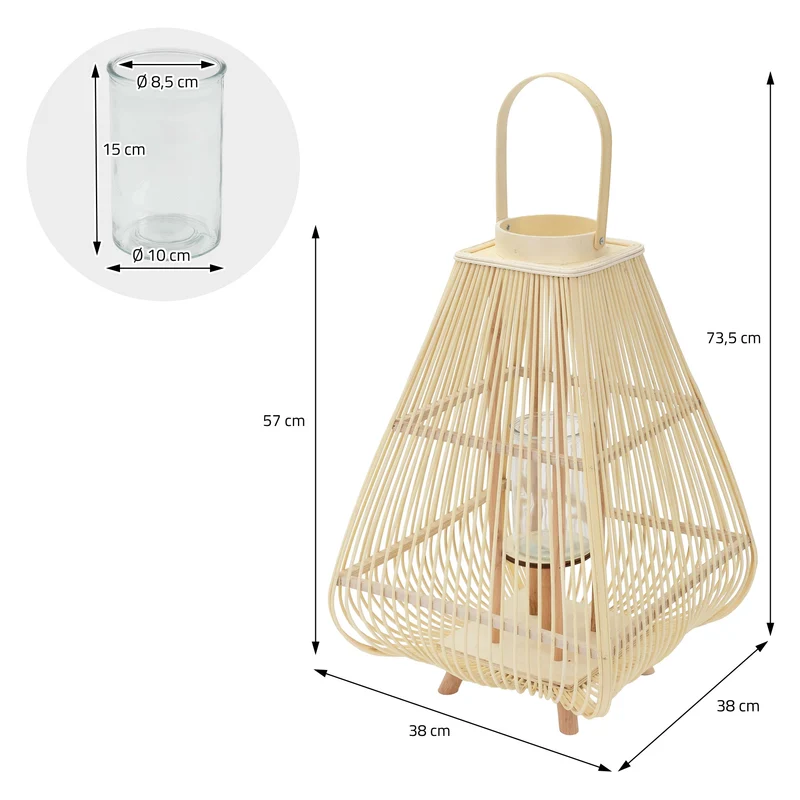 ECD Germany | Bambus Laterne viereck Windlicht mit Henkel & Glaseinsatz, Natur/Grau, Boho Gartenlaterne, Flechtoptik Kerzenhalter