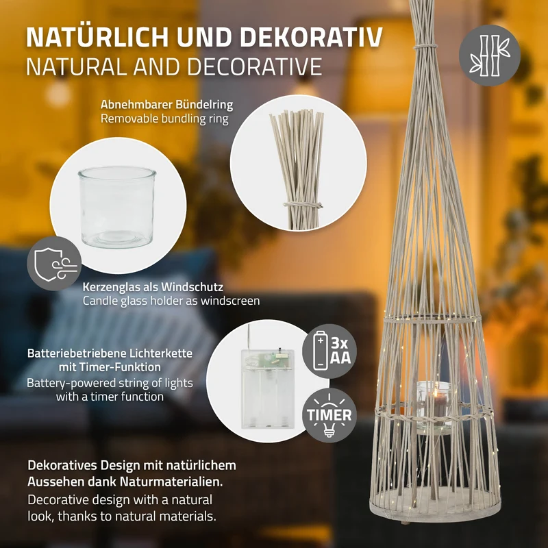ECD Germany | Bambus Laterne Tipi Windlicht mit Glaseinsatz Holzfarbe, Boho Gartenlaterne, Flechtoptik Kerzenhalter