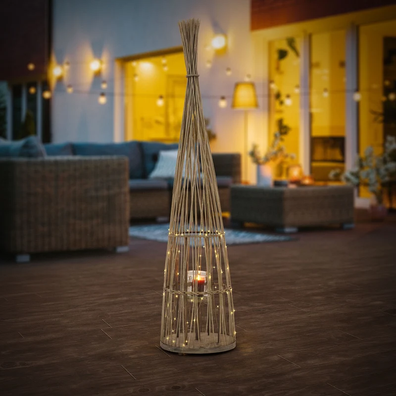 ECD Germany | Bambus Laterne Tipi Windlicht mit Glaseinsatz Holzfarbe, Boho Gartenlaterne, Flechtoptik Kerzenhalter