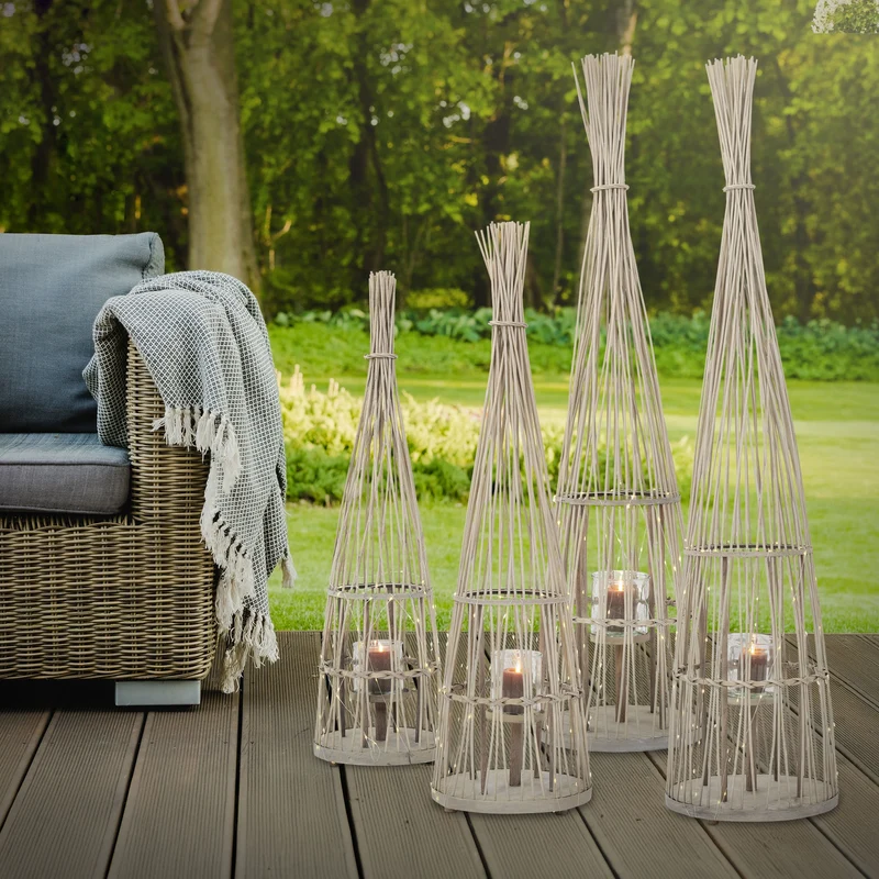 ECD Germany | Bambus Laterne Tipi Windlicht mit Glaseinsatz Holzfarbe, Boho Gartenlaterne, Flechtoptik Kerzenhalter