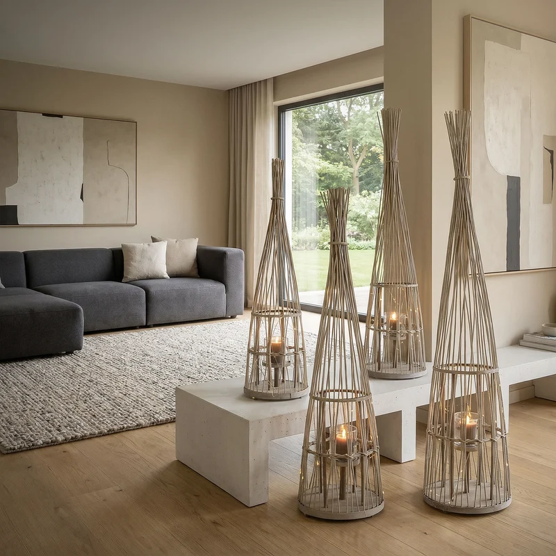 ECD Germany | Bambus Laterne Tipi Windlicht mit Glaseinsatz Holzfarbe, Boho Gartenlaterne, Flechtoptik Kerzenhalter
