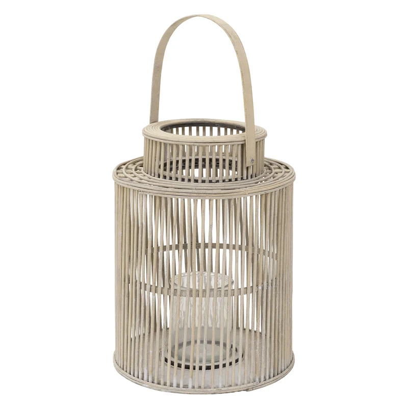 ECD Germany | Bambus Laterne rund Windlicht mit Henkel & Glaseinsatz, Natur/Grau, Boho Gartenlaterne, Flechtoptik Kerzenhalter