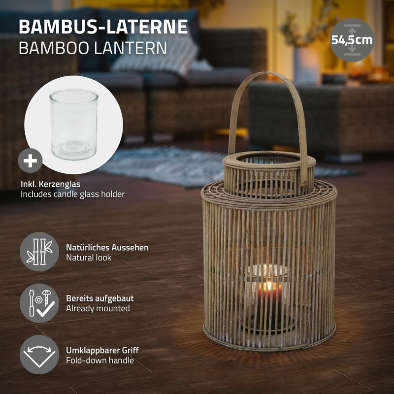 ECD Germany | Bambus Laterne rund Windlicht mit Henkel & Glaseinsatz, Natur/Grau, Boho Gartenlaterne, Flechtoptik Kerzenhalter