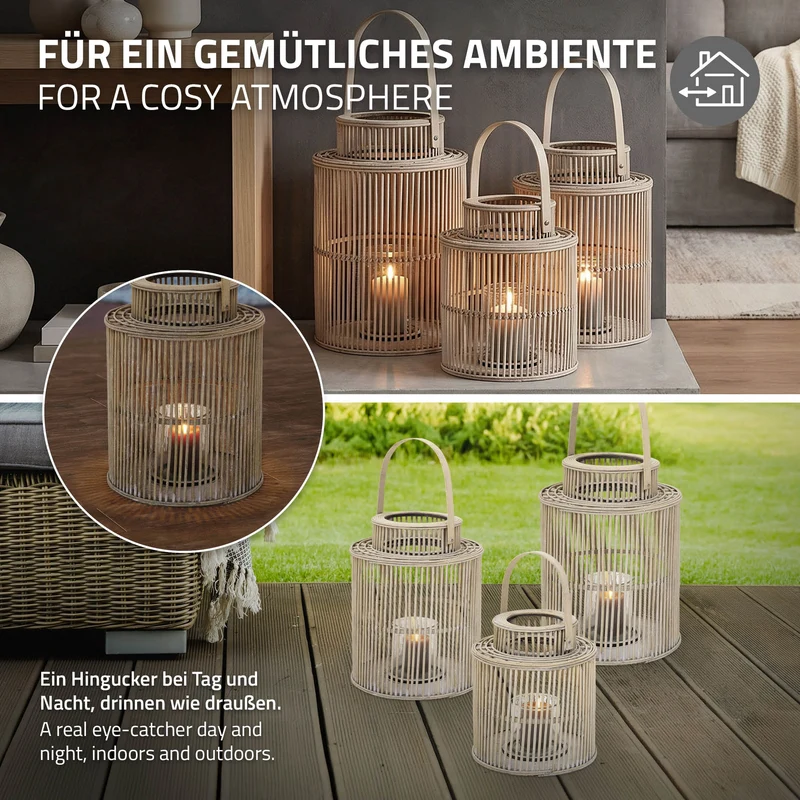 ECD Germany | Bambus Laterne rund Windlicht mit Henkel & Glaseinsatz, Natur/Grau, Boho Gartenlaterne, Flechtoptik Kerzenhalter