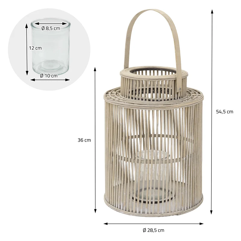ECD Germany | Bambus Laterne rund Windlicht mit Henkel & Glaseinsatz, Natur/Grau, Boho Gartenlaterne, Flechtoptik Kerzenhalter