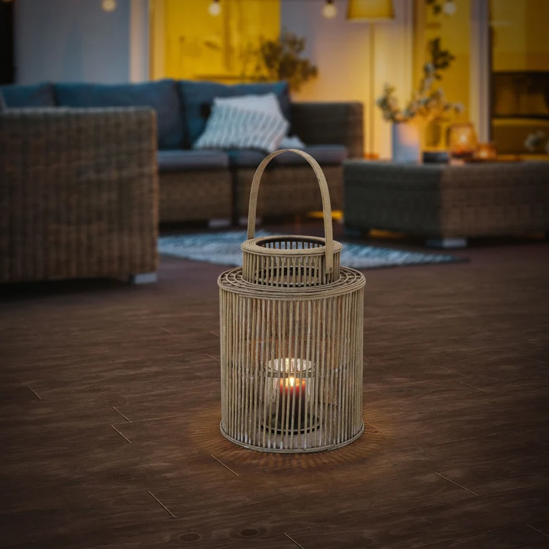 ECD Germany | Bambus Laterne rund Windlicht mit Henkel & Glaseinsatz, Natur/Grau, Boho Gartenlaterne, Flechtoptik Kerzenhalter