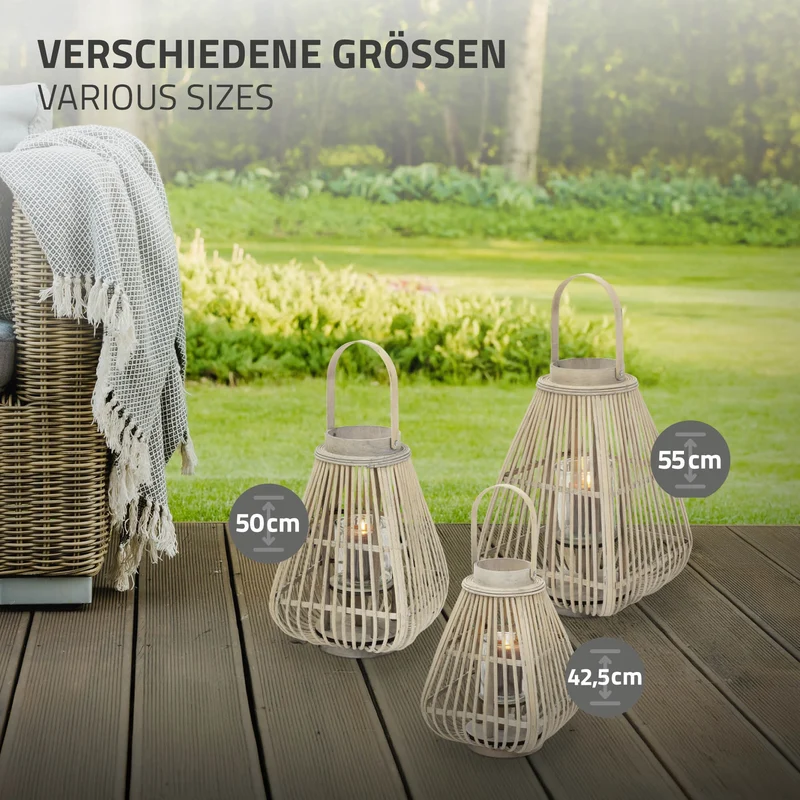 ECD Germany | Bambus Laterne viereck Windlicht mit Henkel & Glaseinsatz, Natur/Grau, Boho Gartenlaterne, Flechtoptik Kerzenhalter