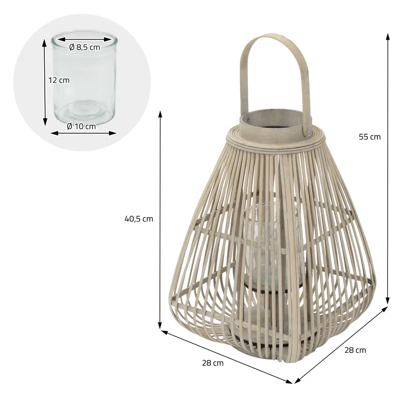 ECD Germany | Bambus Laterne viereck Windlicht mit Henkel & Glaseinsatz, Natur/Grau, Boho Gartenlaterne, Flechtoptik Kerzenhalter