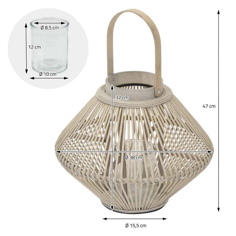 ECD Germany | Bambus Laterne oval Windlicht mit Henkel & Glaseinsatz, Natur/Grau, Boho Gartenlaterne, Flechtoptik Kerzenhalter