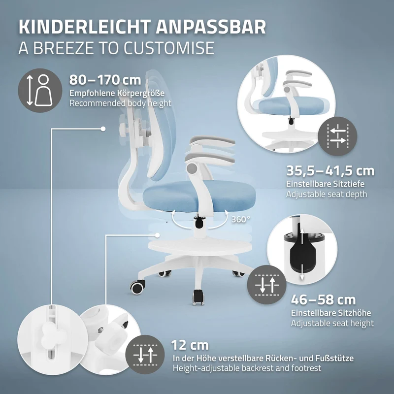ML-Design | Kinderschreibtischstuhl ergonomisch 360° Drehbarer mit Rückenlehne & Armlehnen 95-107 cm Blau, Jungendstuhl, Kinderstuhl