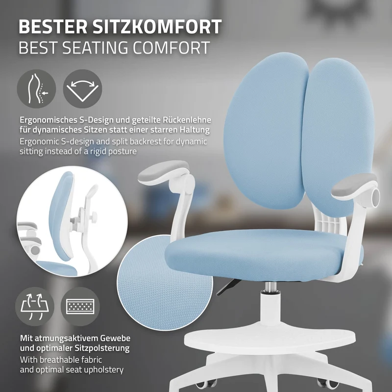 ML-Design | Kinderschreibtischstuhl ergonomisch 360° Drehbarer mit Rückenlehne & Armlehnen 95-107 cm Blau, Jungendstuhl, Kinderstuhl