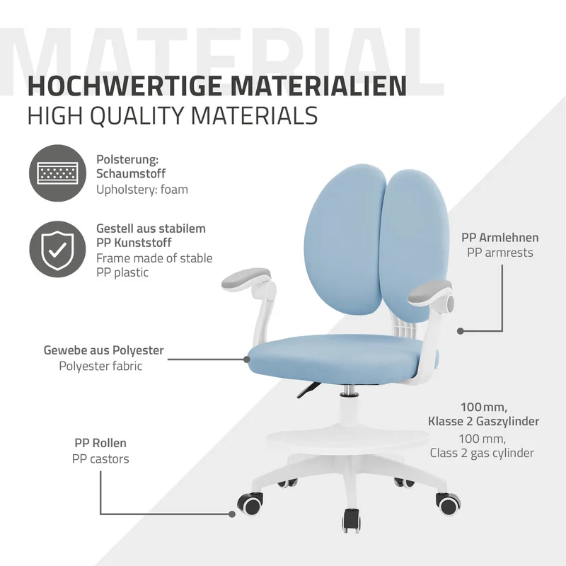 ML-Design | Kinderschreibtischstuhl ergonomisch 360° Drehbarer mit Rückenlehne & Armlehnen 95-107 cm Blau, Jungendstuhl, Kinderstuhl