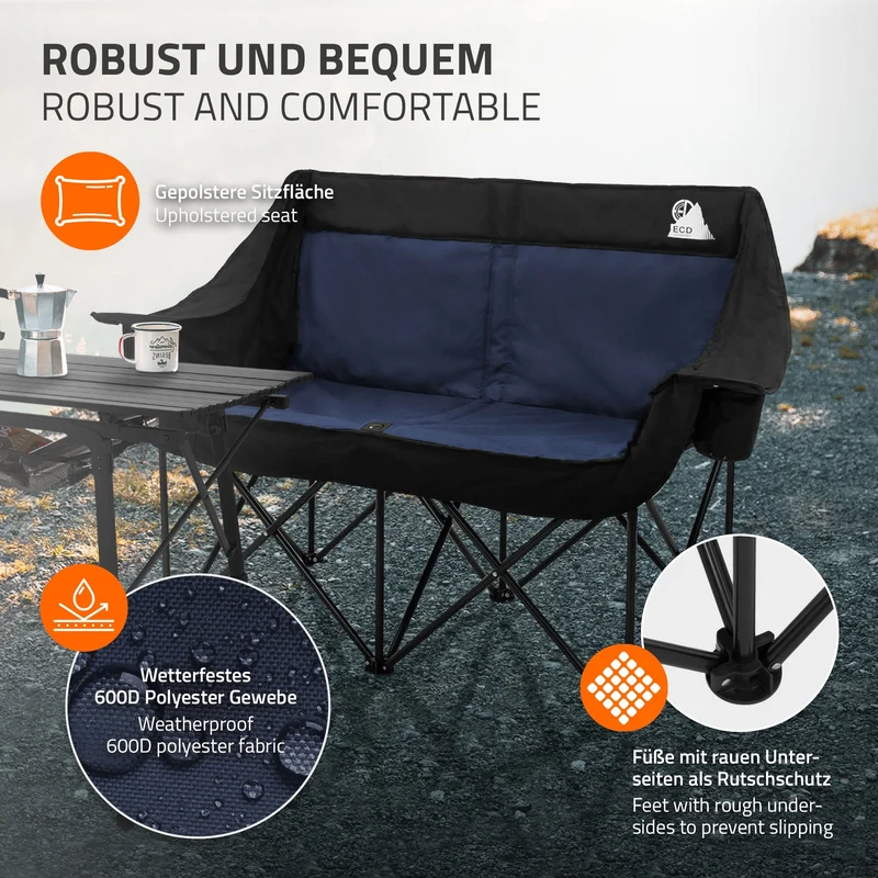 ECD Germany | Campingstuhl faltbar für 2 Personen bis 200 kg mit Getränkehalterung und Tragetasche, Doppel Klappstuhl