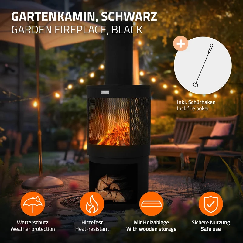 Gartenkamin mit Schornstein 131x45 cm rund Schwarz Stahl Outdoor Terrassenofen mit Schürhaken abnehmbarem Dach ML-Design