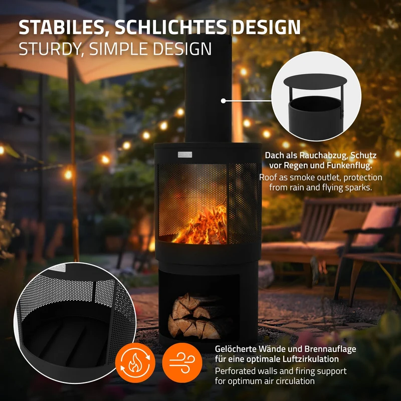 Gartenkamin mit Schornstein 131x45 cm rund Schwarz Stahl Outdoor Terrassenofen mit Schürhaken abnehmbarem Dach ML-Design