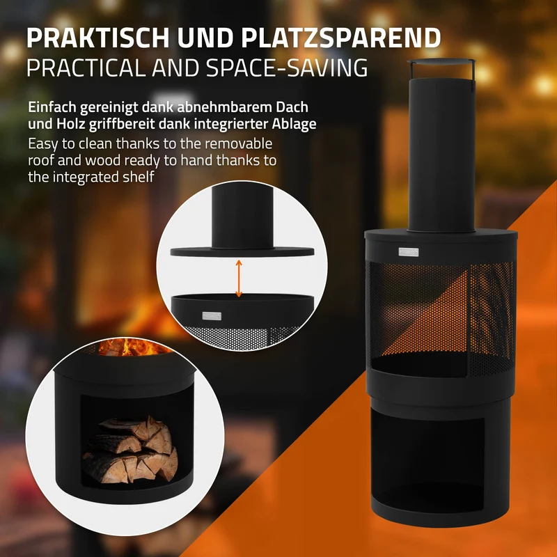 Gartenkamin mit Schornstein 131x45 cm rund Schwarz Stahl Outdoor Terrassenofen mit Schürhaken abnehmbarem Dach ML-Design