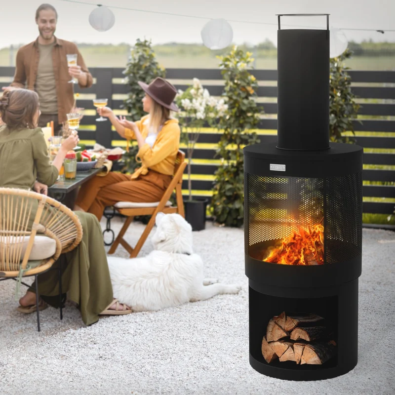Gartenkamin mit Schornstein 131x45 cm rund Schwarz Stahl Outdoor Terrassenofen mit Schürhaken abnehmbarem Dach ML-Design
