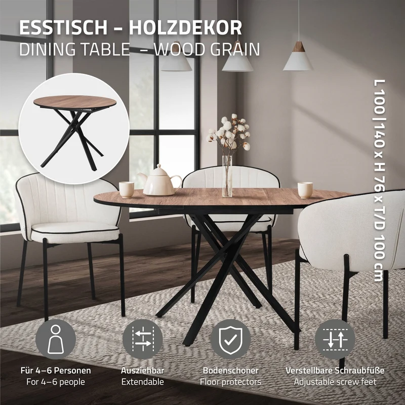 ML-Design | Esstisch ausziehbar rund, 100-140x76x100 cm, Esszimmertisch für 4-6 Personen, Tisch mit X-förmiges Stahlgestell