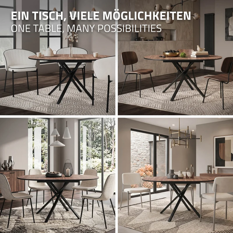 ML-Design | Esstisch ausziehbar rund, 100-140x76x100 cm, Esszimmertisch für 4-6 Personen, Tisch mit X-förmiges Stahlgestell