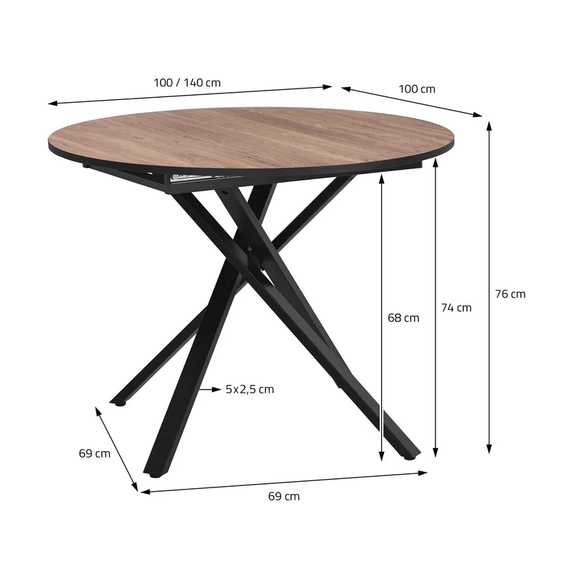 ML-Design | Esstisch ausziehbar rund, 100-140x76x100 cm, Esszimmertisch für 4-6 Personen, Tisch mit X-förmiges Stahlgestell