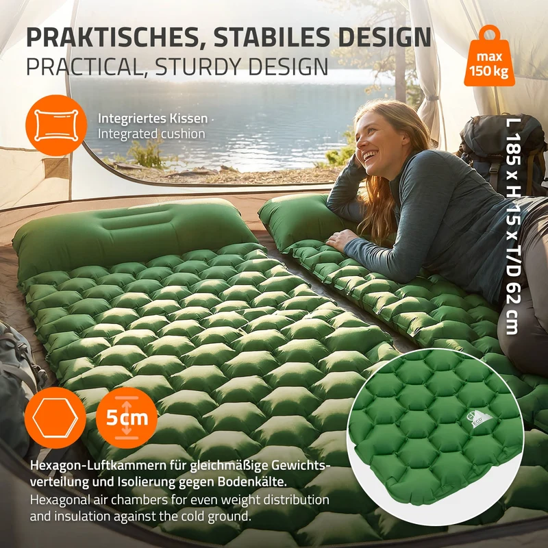 ECD Germany | Isomatte Camping, Campingmatte aufblasbar, Luftmatratze Outdoor mit integriertem Kopfkissen, Ultraleicht, Kompakt & Faltbar