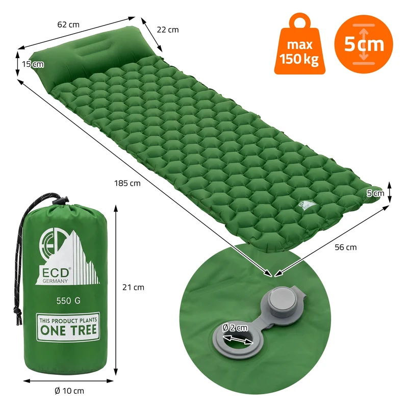 ECD Germany | Isomatte Camping, Campingmatte aufblasbar, Luftmatratze Outdoor mit integriertem Kopfkissen, Ultraleicht, Kompakt & Faltbar