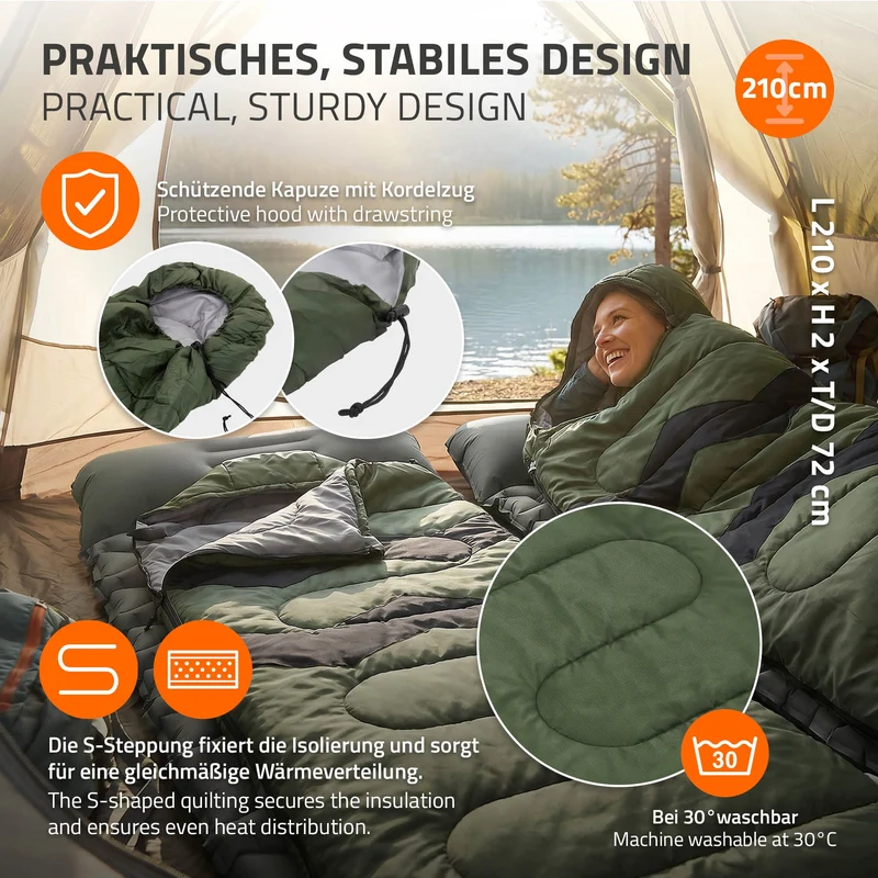 ECD Germany | Schlafsack Outdoor für Camping, 210 cm, 3 Jahreszeiten für Erwachsene, 2in1 Deckenschlafsäcke Wasserabweisend, Warm, Kompakt & Leicht