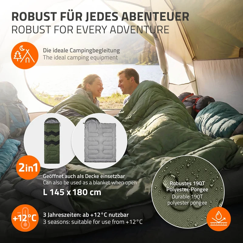 ECD Germany | Schlafsack Outdoor für Camping, 210 cm, 3 Jahreszeiten für Erwachsene, 2in1 Deckenschlafsäcke Wasserabweisend, Warm, Kompakt & Leicht