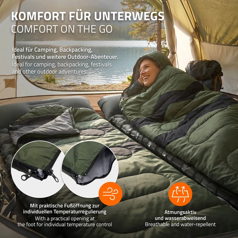ECD Germany | Schlafsack Outdoor für Camping, 210 cm, 3 Jahreszeiten für Erwachsene, 2in1 Deckenschlafsäcke Wasserabweisend, Warm, Kompakt & Leicht