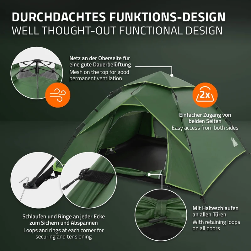 ECD Germany | Pop-Up Zelt für 4 Personen, Campingzelt Outdoor, Kuppelzelt doppelwandig mit 2 Türen, Wurfzelt wasserdicht & winddicht mit Tragetasche
