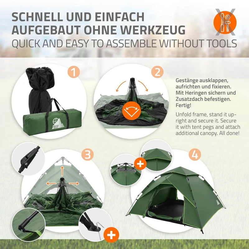 ECD Germany | Pop-Up Zelt für 4 Personen, Campingzelt Outdoor, Kuppelzelt doppelwandig mit 2 Türen, Wurfzelt wasserdicht & winddicht mit Tragetasche
