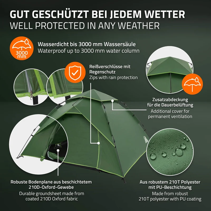 ECD Germany | Pop-Up Zelt für 4 Personen, Campingzelt Outdoor, Kuppelzelt doppelwandig mit 2 Türen, Wurfzelt wasserdicht & winddicht mit Tragetasche