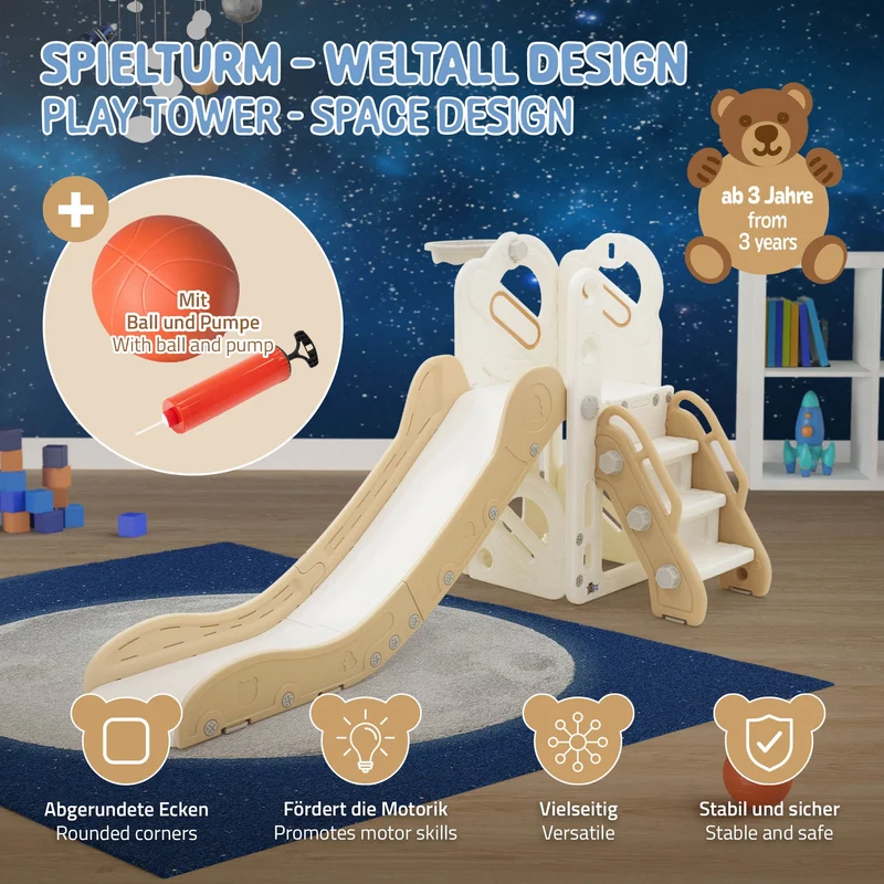 Joyz | Kinder Spielturm 3in1 mit Rutsche, Basketballkorb und Kletterwand Indoor/Outdoor ab 3 Jahren