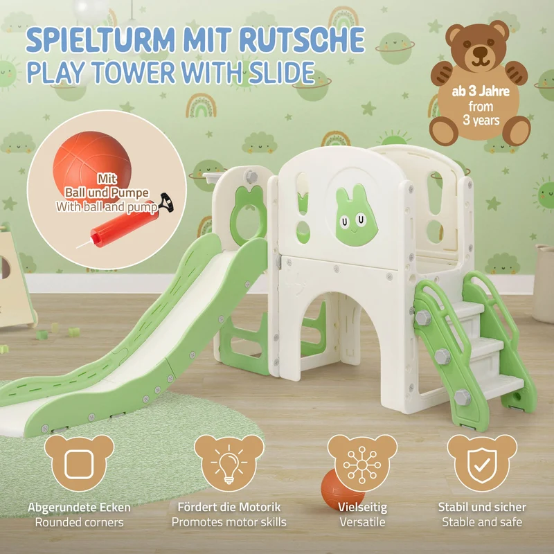 Joyz | Kinderrutsche mit Spielturm 5in1 mit Basketballkorb und Kletterwand Indoor/Outdoor für Kleinkinder ab 3 Jahren