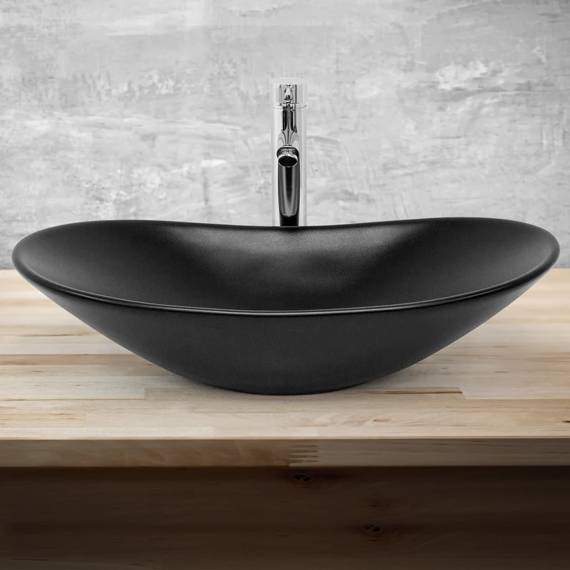 Waschbecken Oval ohne Überlauf 63x36x15,5 cm Schwarz aus Keramik LuxeBath