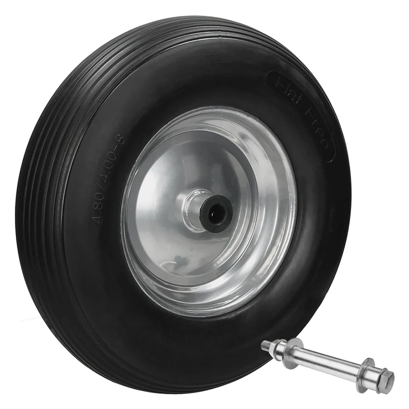 2er Set Schubkarrenrad 390 mm 4.80/4.00-8 mit Achse Linienprofil Schwarz aus PU Vollgummi