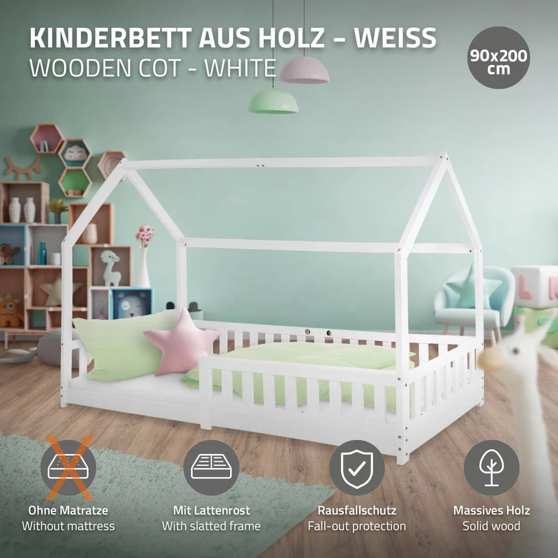 Kinderbett Hausbett 90x200 cm Weiß aus Kiefernholz mit Rausfallschutz Dach und Lattenrost Holzbett ML-Design